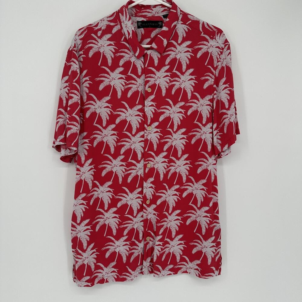 AllSaints Shirt Mens Large Red Palm Tree Hawaiian Camp Button Up Aloha Viscose